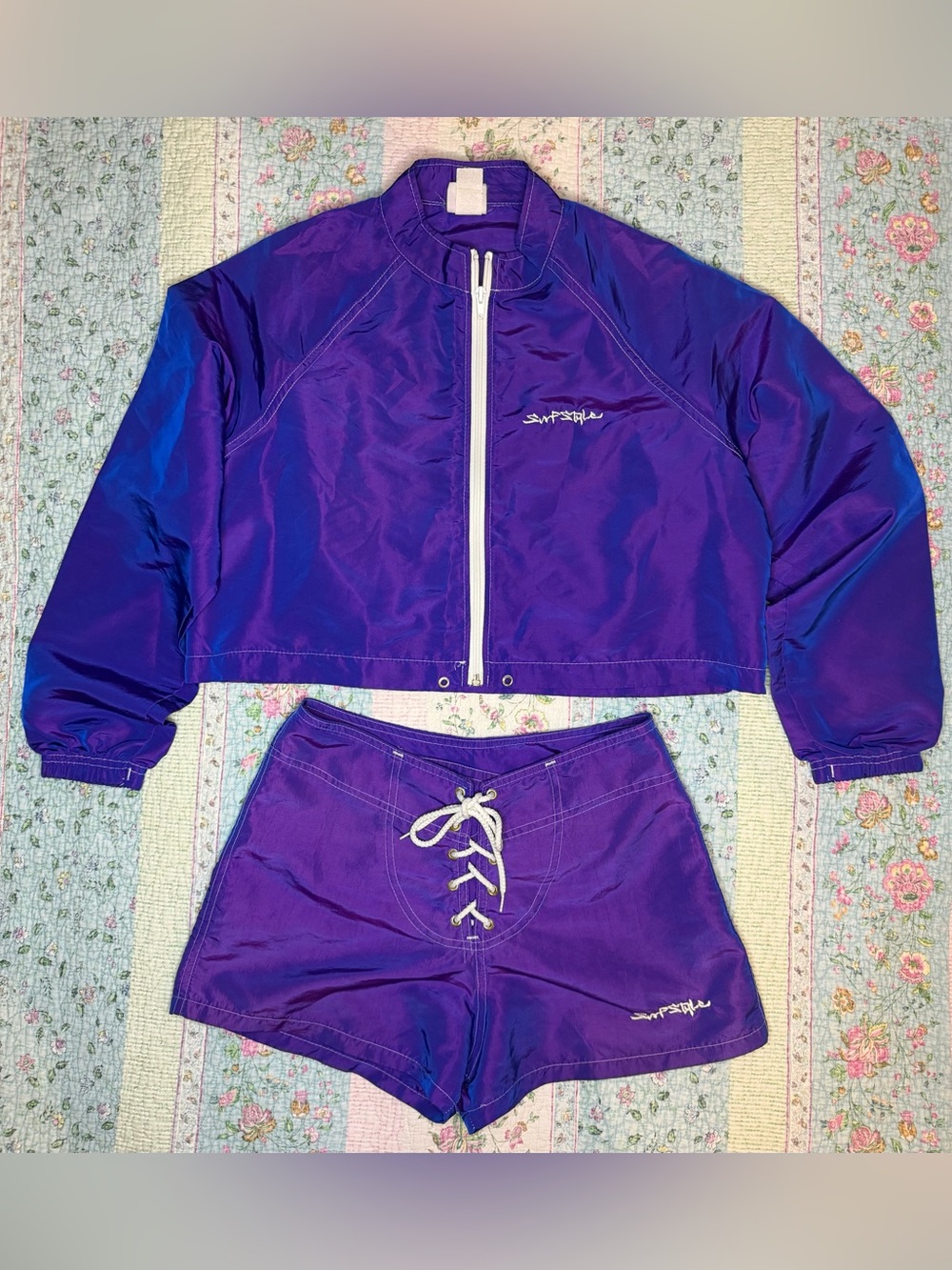 VTG 90s Y2K Surf Style Purple Iridescent Windbreaker Jacket & Board Shorts SM - Picture 15 of 15